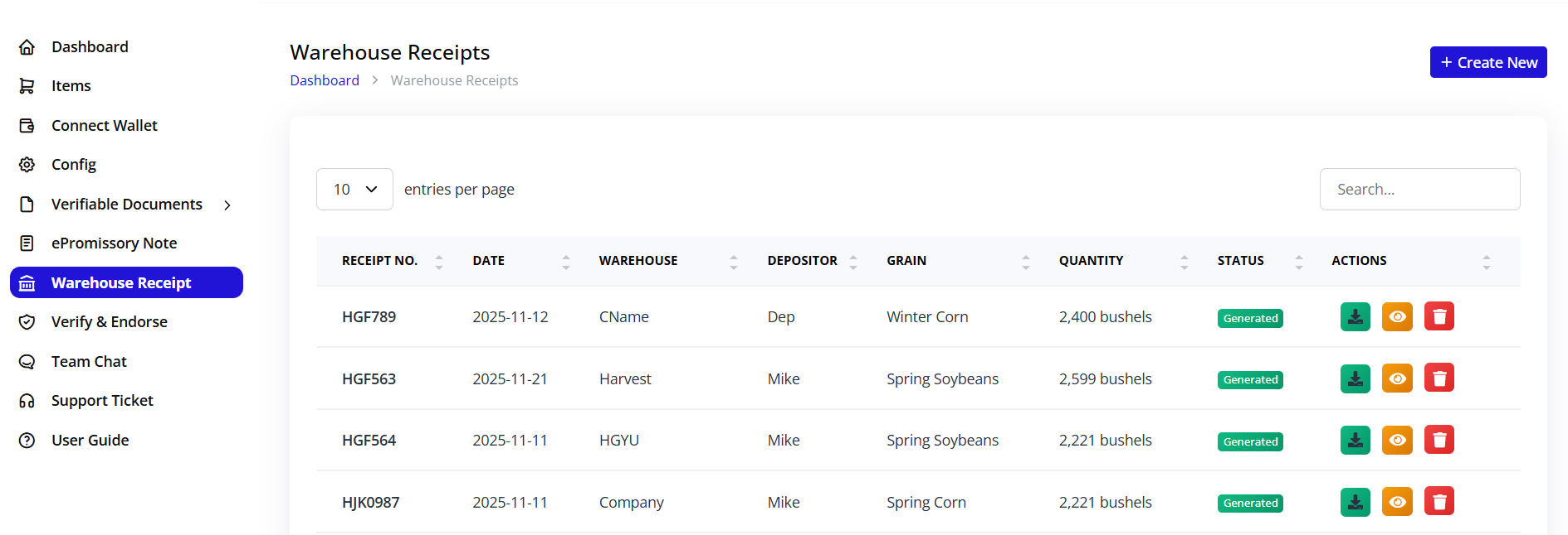 Warehouse Receipt List